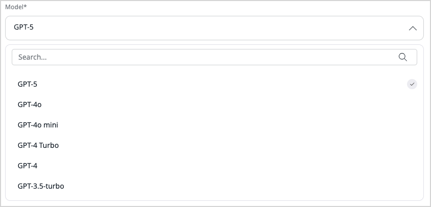 ChatGPT 5.0 on a list of supported LLMs